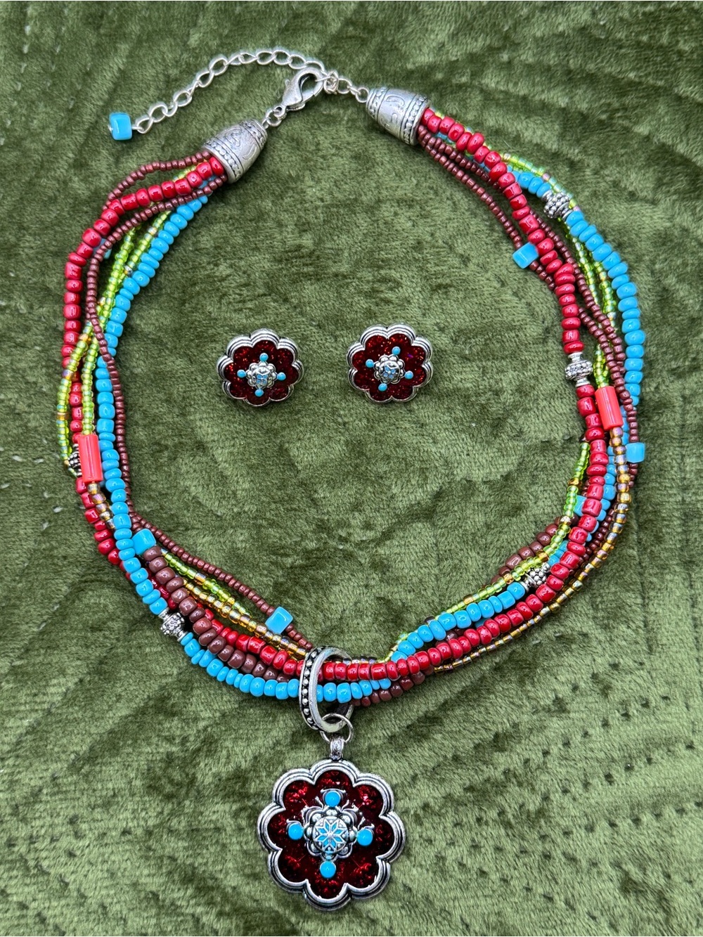Vintage Avon Multicolor Beaded Flower Pendant Necklace & Clip-On Earring Set